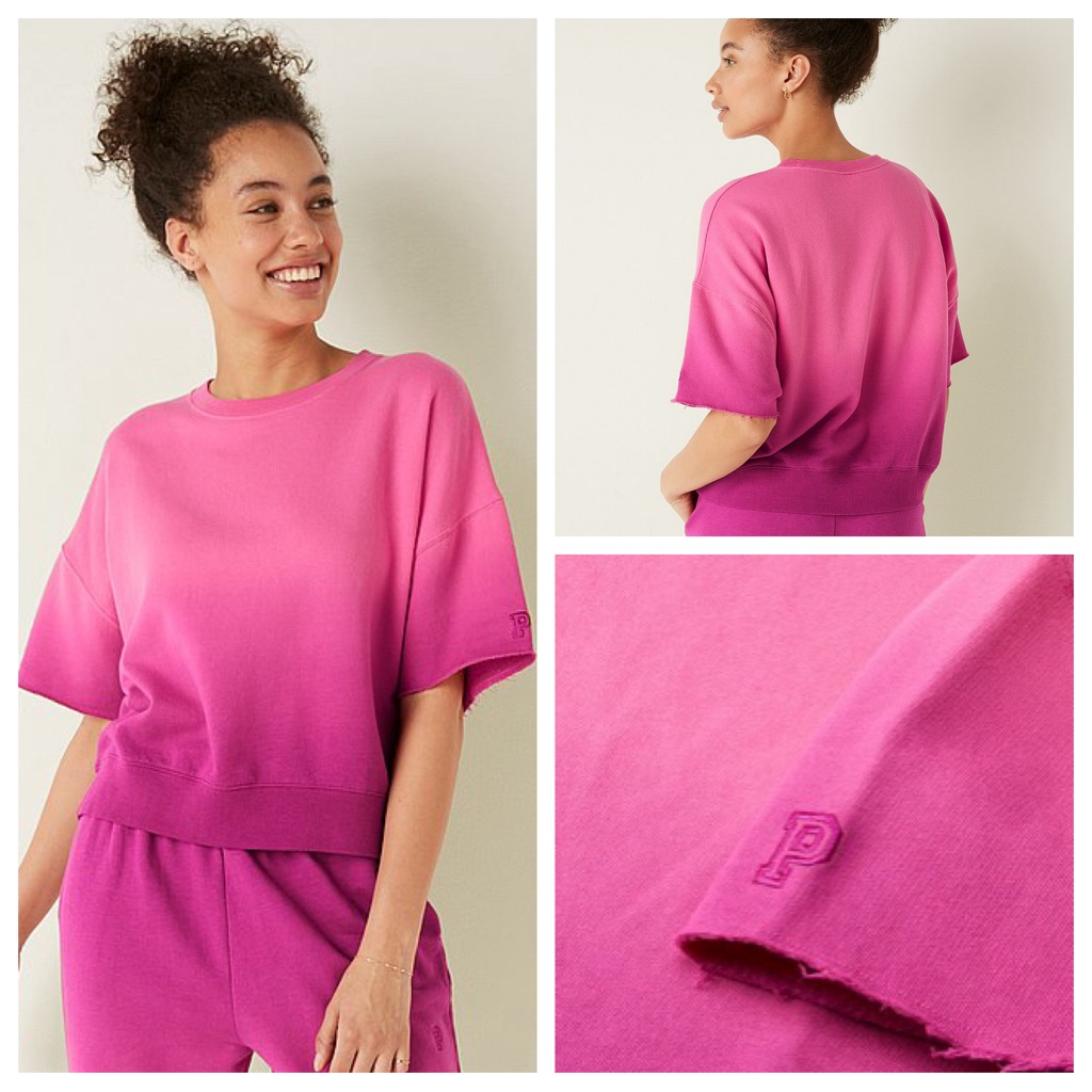 Vs Victorias Secret Pink Short Sleeve Crop Tee Top Sweatshirt Pink Dip Dye Xl